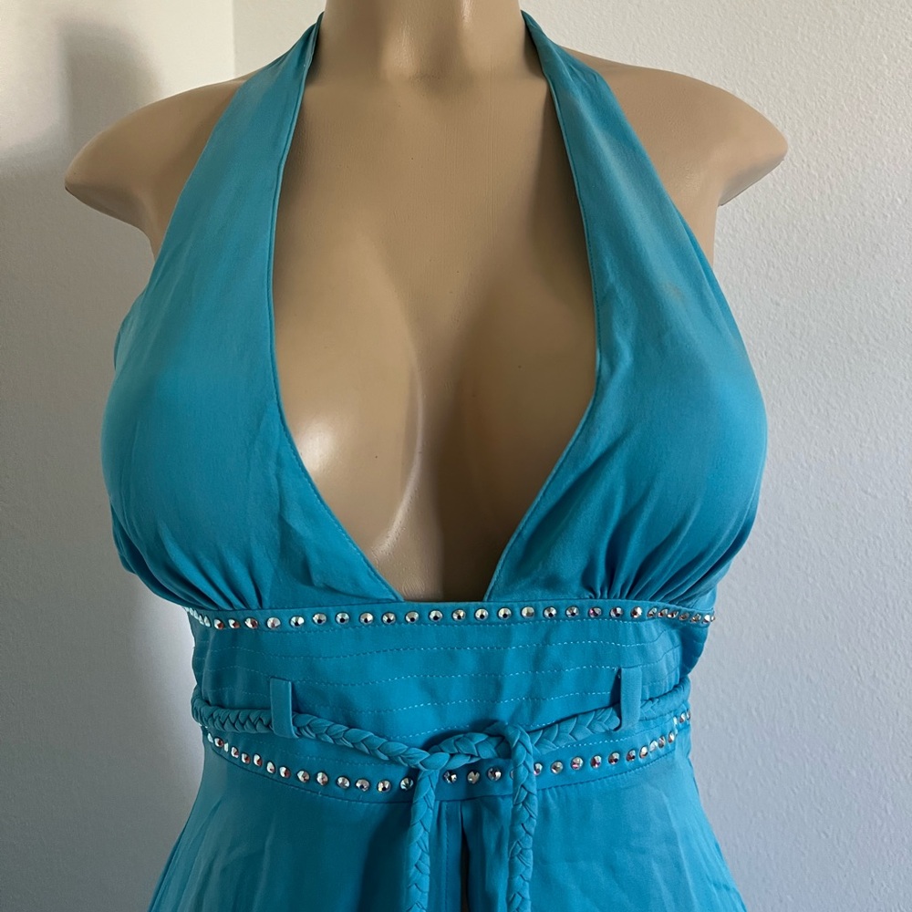 Ikaria Turquoise Halter Maxi Dress | Studded Waist Resort Vacation Dress